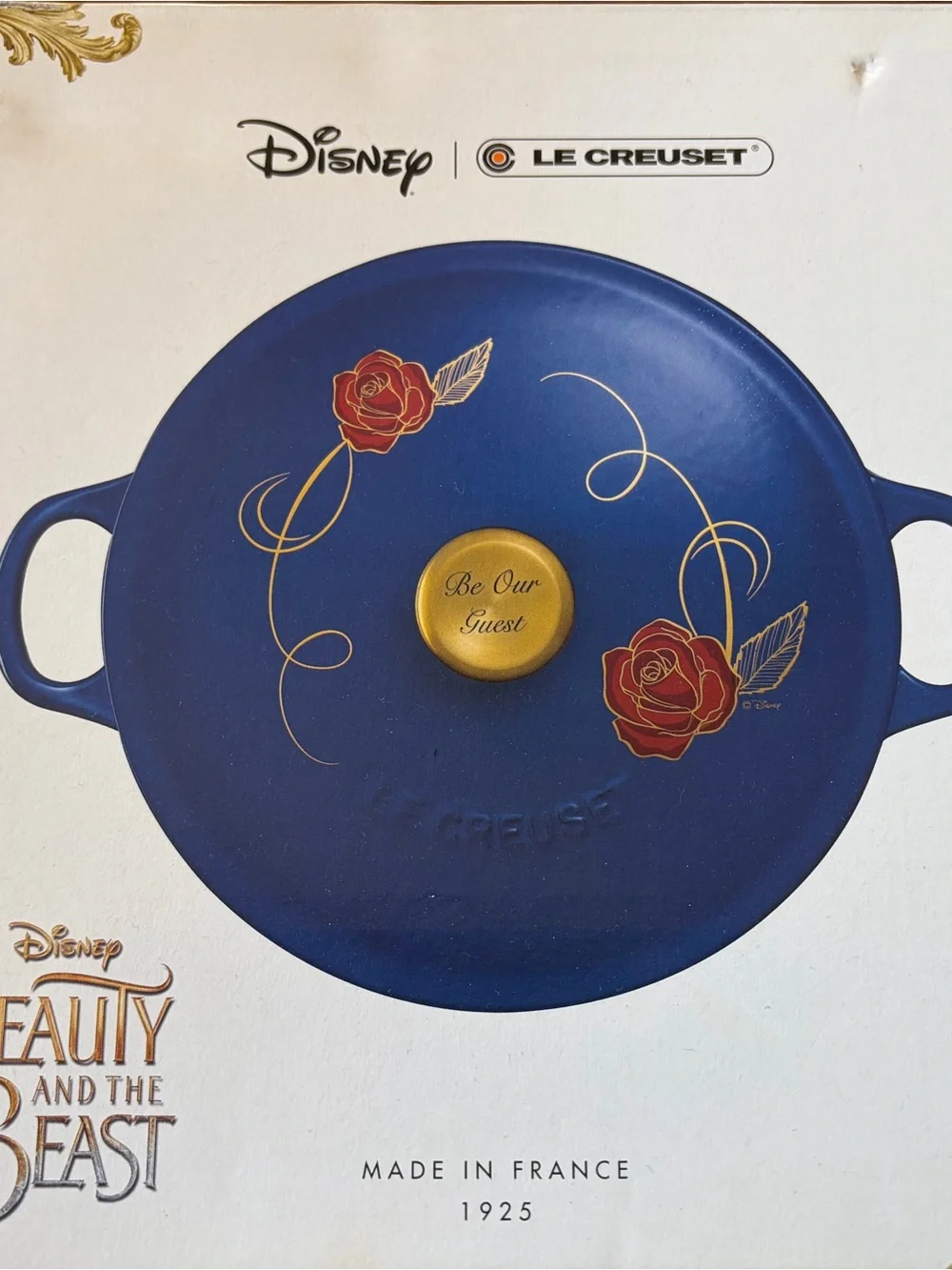 Le Creuset Blue Enameled Lid with Red Rose Accents and Gold Knob